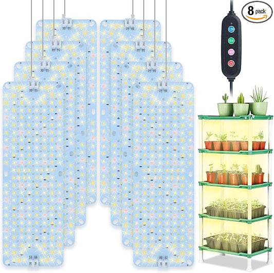 8Pack Flat Panel Grow Lights for Indoor Plants, Seed Starting, Vegetables with 4/8/12 Hr Timer, 80W Full Spectrum LED Plant Growing Lamps for Cabinet /Shelves/Greenhouse, Plug-and-Play, Connect Freely