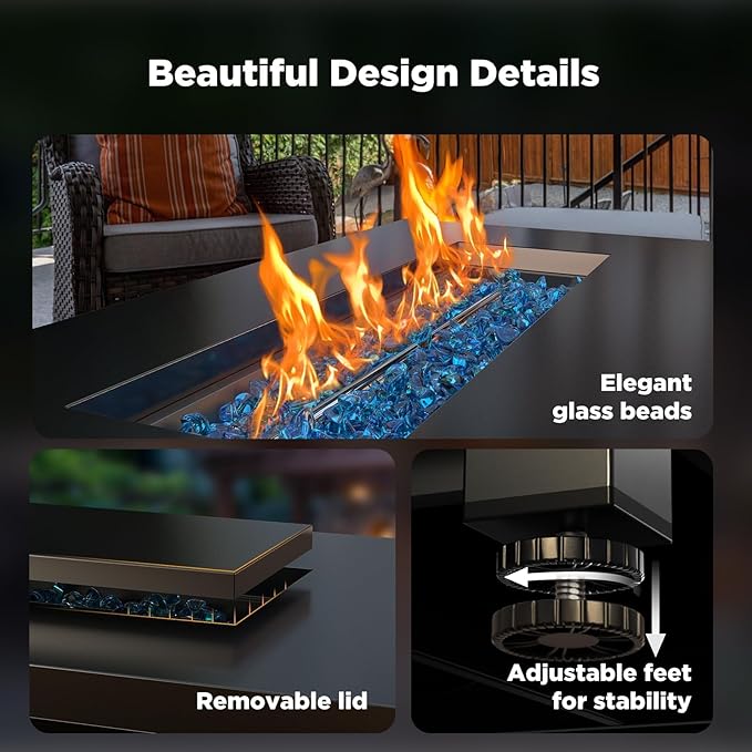 Ciays 43″ Fire Pit Table with Glass Beads & Lid, CSA-Certified Gas Fire Pit with Cup Holders, Hanging Shelf & Nylon Cover, Large Outdoor Fire Pit for Patio/Porch/Deck, 60,000 BTU Heat Output, CIFPT9B