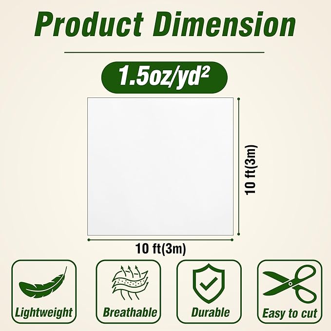 Gardzen 1.5 oz Plant Covers Freeze Protection, Reusable 10ft x 10ft Floating Row Covers, Thicker Frost Blankets for Outdoor Plants, Pests Protection, White