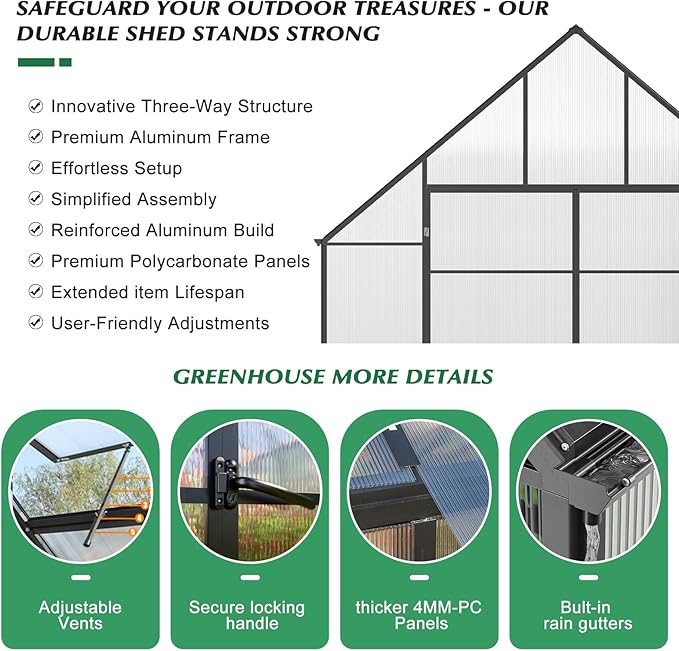 10'x10'x24' Snap-Together Greenhouse - Easy 3-Way Connectors, Heavy-Duty Aluminum Frame, Wind/Snow Resistant for Gardening/Urban Farming, Includes Sliding Door & Ventilation Windows
