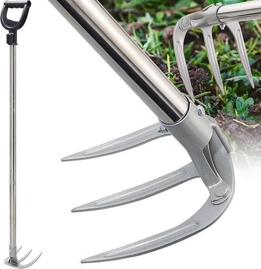 Potato Hand Rake Garden Tool - 47" Long Handle Cultivator Weeding Rakes, 3-Tine Heavy Duty Carbon Steel with D Grip for Grass Root Digging,Soil Loosening,Dirt Turning