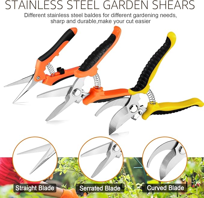 3 Pack Garden Pruning Shears Stainless Steel Blades Handheld Pruners Set with Gardening Gloves