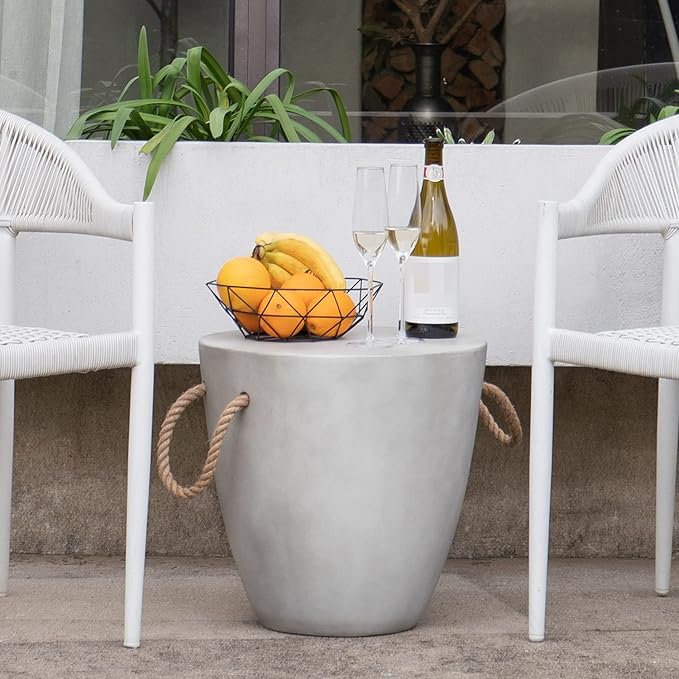 COSIEST Set of 2 Outdoor Cup Shaped Side Table, Concrete Side Table w Hemp Rope Handles,17''Patio Side Tables End Table, Outdoor Accent Table for Garden and Patio, Grey