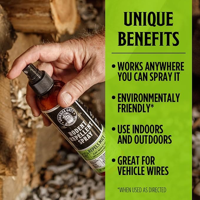 Grandpa Gus's Mouse Repellent Spray, Peppermint & Cinnamon Oil Formula, Repels Mice & Rats from Nesting, Chewing in Homes/RV, Boat/Car, Storage & Wiring, 8 fl oz (2 Bottles)