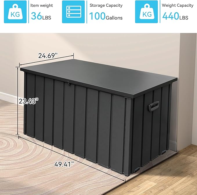 100 Gallon Metal Outdoor Storage Box, Waterproof Steel Deck Box, Large Patio Furniture Storage Cabinet, Lockable Storage Bench for Porch Package Delivery, Cushions, Pool, Tools- Dark Grey