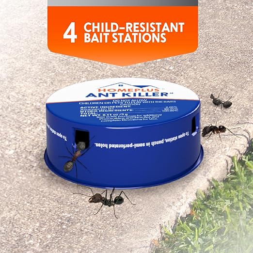 Homeplus Ant Bait Traps, Outdoor & Indoor Ant Killer, 4 Metal Stations with 4 Food-Based Attractants, Child-Resistant Design, Formulated with Abamectin B1, Ready-to-Use Bait Station