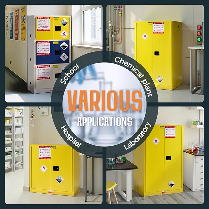 SPECRAFT 32-40 Gal Flammable Safety Cabinet, 65x34x18 Inch, 3-in-1 Storage, Adjustable Shelves, Cold-Rolled Steel, OSHA & CE Certified, for Industrial, Lab, Institutional Use, Yellow/Blue/Gray