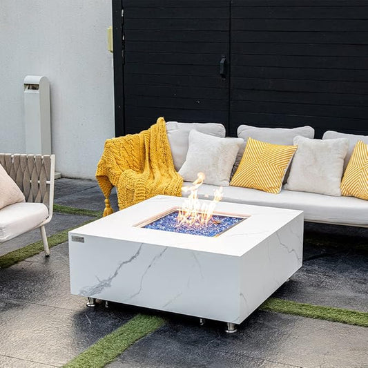 Bianco Marble Fire Pit 39.4" x 39.4" Outdoor Patio Firepit Includes Fire Glass Modern Fire Pits & Outdoor Fireplaces for Garden, Deck, Indoor & Outdoor Heating