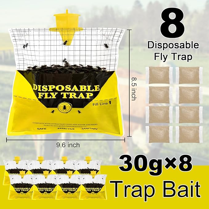 Glovv Fly Traps Outdoor Hanging with Fly Bait, 8 Pack Disposable Bags Hunter Ranch Trap, Flies Control Bug Catcher Killer Repellent for Stable Horse Barn & Farm