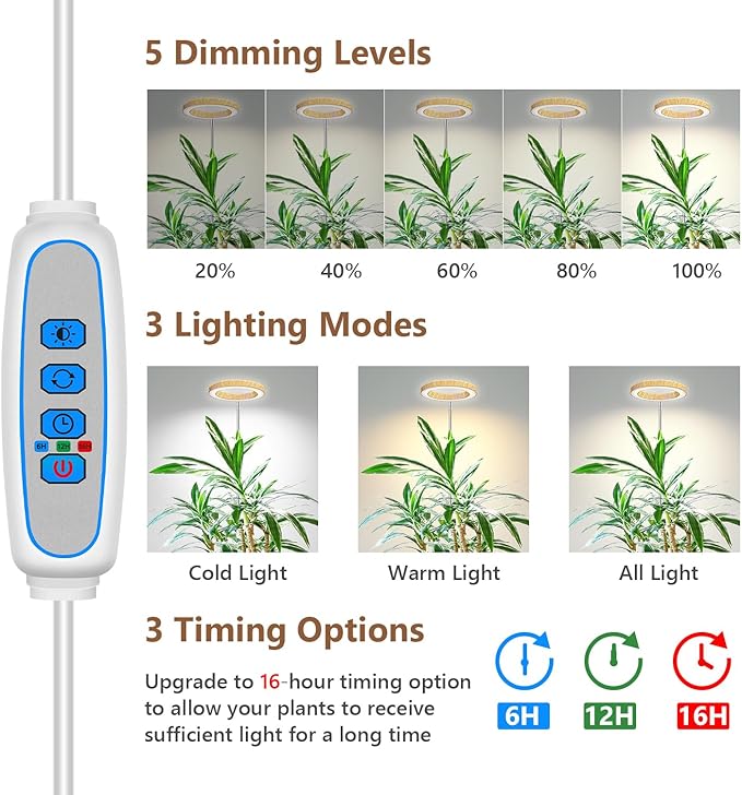 Grow Lights for Indoor Plants, Full Spectrum Plant Lights for Indoor Growing with 6/12/16H Timer, 3 Optional Spectrums, 5 Brightness, Height Adjustable 10"-65" Faux Wood Grain Growing Lamp