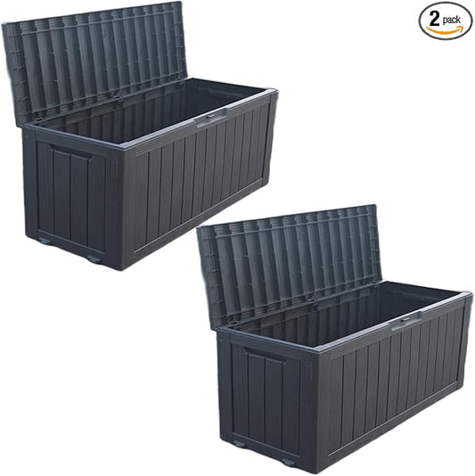 BTEXPERT 75 Gallon Resin Deck Box, Outdoor Storage Container for Patio Furniture Garden Tools Cushions Pool Sports Equipment Waterproof Lockable Stainless Steel insert UV Resistant Set of 2