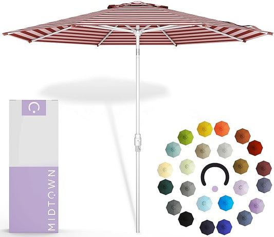 Midtown Umbrellas The Swilt 10 Feet Patio Umbrella in Terylast Red Stripes (Red/White) Polyester Fabric - Fiberglass Ribs, Auto-Tilt Aluminum Frame For Backyard, Deck, Garden, Pool - White Pole