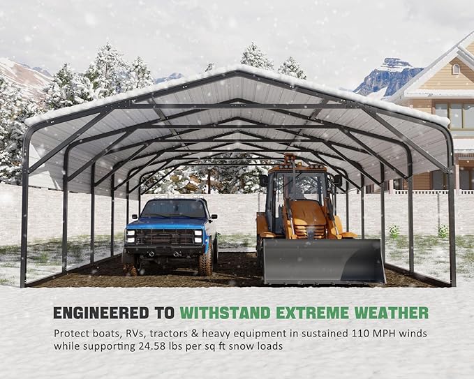 20x20 FT Heavy Duty Carport Garage with Structural Reinforcement | 2-Car Metal Shelter | Galvanized Steel Roof| Ground Anchors | Snow/Wind Resistant | Fits Trucks, RVs, Pickups, Boats, Tractors, SUVs