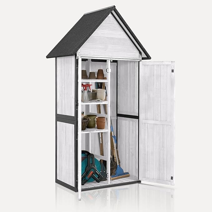 Outdoor Storage Shed with Floor and Waterproof Roof - Metal Framed Tool Cabinet with Adjustable Shelves - Double Lockable Doors for Backyard, Garden, Patio (Off-White)
