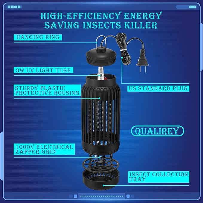 Qualirey Electric Bug Zapper 1000V Mosquito Killer Lamp Portable Insect Killer Indoor Fly Zapper Trap Mosquito Repellent Outdoor Insect Catcher UV Light for Backyard Patio(2 Packs)