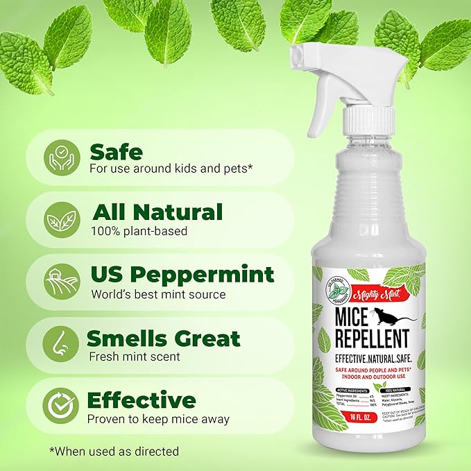 Mighty Mint Peppermint Oil Mouse Repellent Spray – Natural Indoor & Outdoor Control for Mice and Rodents – Plant-Based, Extra-Strong Formula - 16 oz