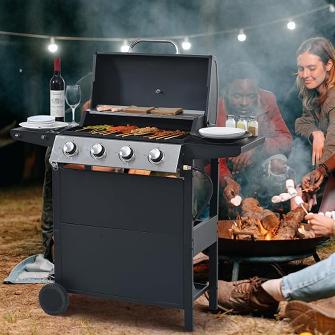 BBQ Grill, 4-Burner Stainless Steel BBQ Grill, 34,000 BTU with Shelves, Lid, Wheels, & Bottle Opener – Portable Outdoor Patio Grill for Backyard & Garden