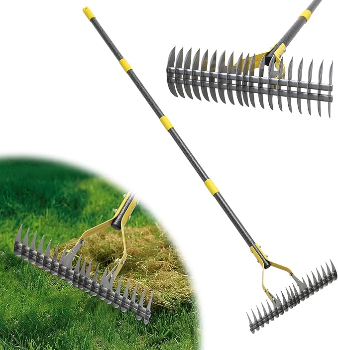 Thatch Rake,69 Inch Garden Thatching Rake for Grass Removal, 15 Inch Wide Heavy Duty 19 Teeth Steel Metal Garden Leaf Rakes,Landscaping Raking Garden Tools for Lawn Care Loosening Leveling Soil Mulch