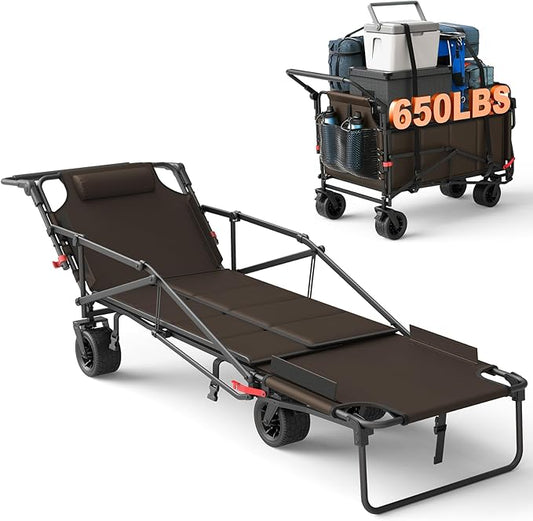 LEVELEVE Heavy Duty Folding Wagon - 2-in-1 Collapsible Cart, 650lb Capacity, All-Terrain Wheels w/Brakes & Side Pockets (Brown)