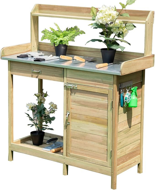 Giantex Potting Bench Table for Outside Natural Wood Garden Plant Lawn Patio Table Storage Shelf Metal Tabletop Outdoor Workstation Flower Pot Bench (Natural Fir w/Cabinet)
