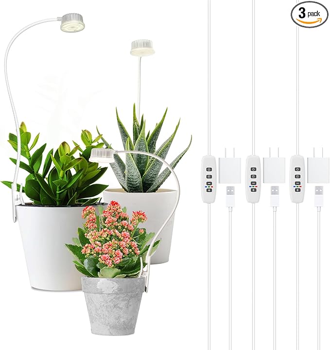 Shyineyou Small Grow Lights for Indoor Plants Full Spectrum,Plant Lights for Indoor Growing, Clip on Plant Grow Light with 3/9/12H Timer for Succulents,Small Plants, 3-Pack