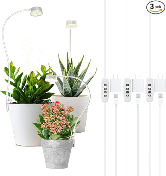 Shyineyou Small Grow Lights for Indoor Plants Full Spectrum,Plant Lights for Indoor Growing, Clip on Plant Grow Light with 3/9/12H Timer for Succulents,Small Plants, 3-Pack