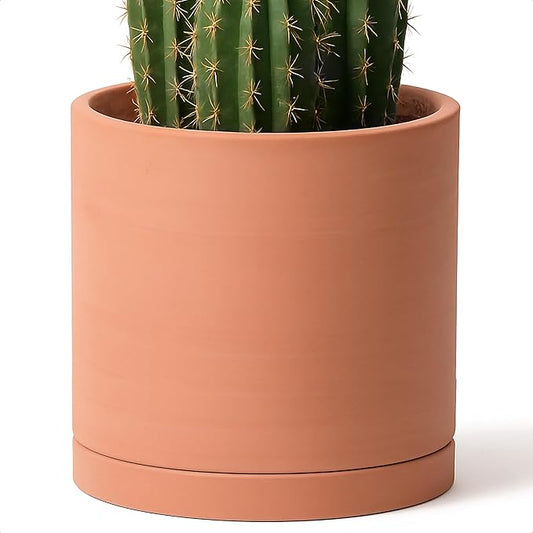 D'vine Dev X-Large 12 Inch Terracotta Plant Pot with Drainage Hole and Saucer, Round Cylinder Planter Pot for Indoor Plants, 40-X-A-6