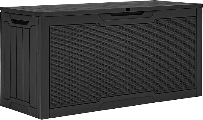 YITAHOME 80 Gallon Resin Deck Box, Weather Resistant Outdoor Rattan Storage Box, Lockable Indoor Outdoor Storage for Supplies and Essentials, Black