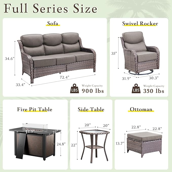 Luxury High Back Outdoor Furniture with 6-inch Extra Thick Cushions, Patio Furniture Set with Fire Pit Table & Swivel Chairs, 9 PCS Wicker Conversation Set for Yard, Deck, Poolside, Brown/Grey