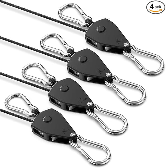 VIPARSPECTRA Retractable Heavy Duty Ratchet Tie Down Straps [4 Pack, 8ft, 75lbs/Pack], Rope Pulley System Rollers with Carabiner Hook for Kayak/Hanging Plants/Grow Light/Tents Various Tie-Down Uses