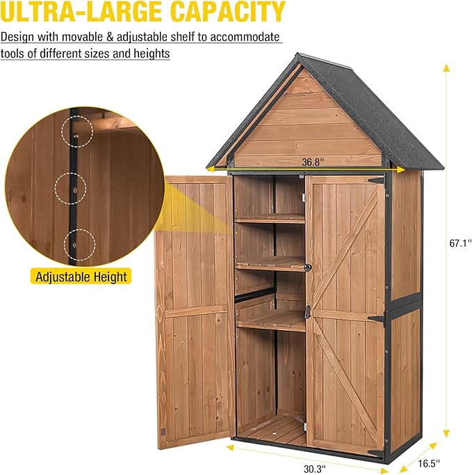 Aivituvin Shed Outdoor Storage Cabinet with All-Around Strong Metal Frame Wooden Tool House with Adjustable Shelfs and Floor,Waterproof Roof (Brown)