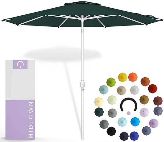 Midtown Umbrellas The Swilt 8 Feet Patio Umbrella in Terylast Forest (Dark Green) Polyester Fabric - Fiberglass Ribs, Auto-Tilt Aluminum Frame For Backyard, Deck, Garden, Pool - White Pole