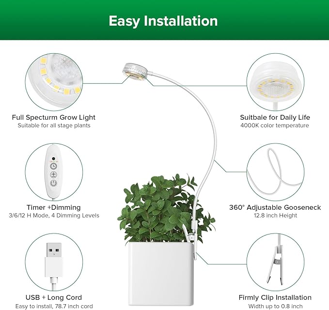 SANSI Grow Lights for Indoor Plants, LED Pot Clip Plant Light for Growing, 4000K Full Spectrum Plant Growing Lamp with 4-Level Dimmable, Auto On Off Timing 3 6 12 Hrs for Small Plants, White 5V 2-Pack