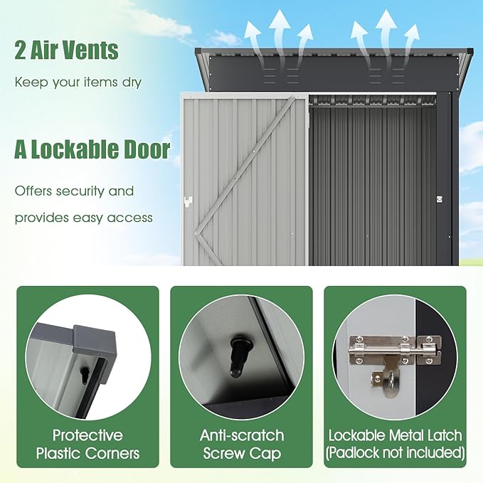 Goplus 5 x 3 FT Outdoor Storage Shed, Galvanized Metal Tool House w/Sloped Roof, 2 Vents, Lockable Door, Waterproof & Windproof Utility Tool Organizer for Garden, Backyard, Lawn, Patio, Gray