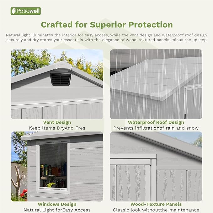 Patiowell 6 x 4 FT Outdoor Storage Shed, Plastic Tool Shed with Lockable Door & Window, Weather-Resistant Garden Shed with Floor for Backyard, Patio, Easy Assembly, Light Grey