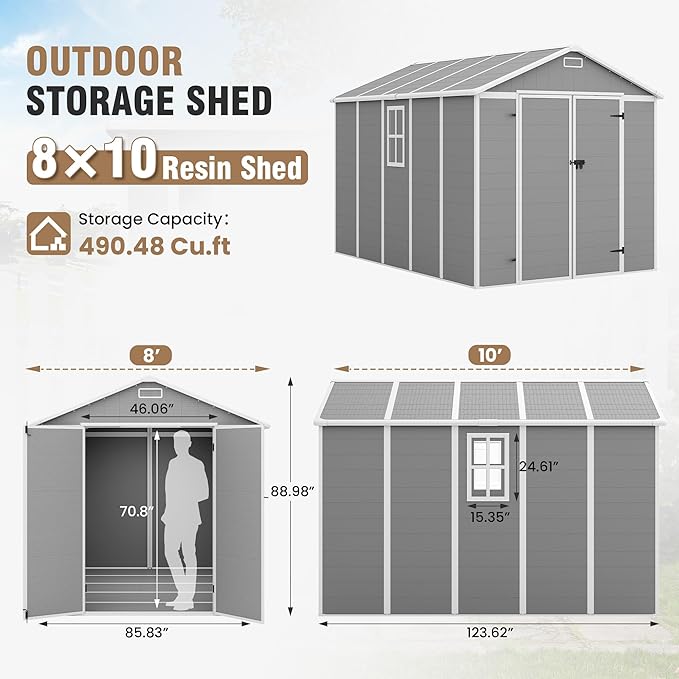 Outdoor Storage Shed, 8x10 FT Resin Shed with Floor and Lockable Door, Window & Vents, Tool Sheds and Outdoor Storage for Bike, Tools, Garden Accessories, Waterproof Grey & White