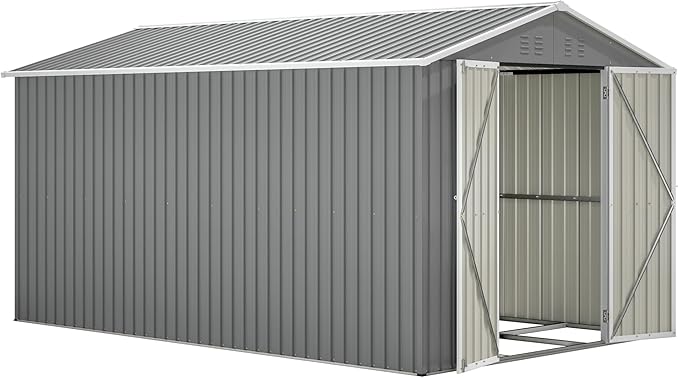 8×12 FT Storage Shed with 1 Lockable Door and Vents,Metal Aluminum Waterproof Tool Sheds,Heavy-Duty Sheds Unit W/Floor Frame,Lock & Key,Garden Shed for Storing Bicycles,Barbeques,Gray