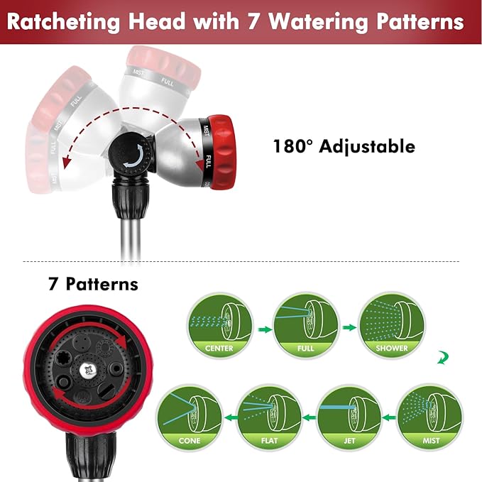 RESTMO Metal Watering Wand, 36”-60” Long Telescopic Tube | 180° Adjustable Ratcheting Head | 7 Spray Patterns | Flow Control, Perfect Garden Hose Sprayer to Water Hanging Baskets, Shrubs, Red