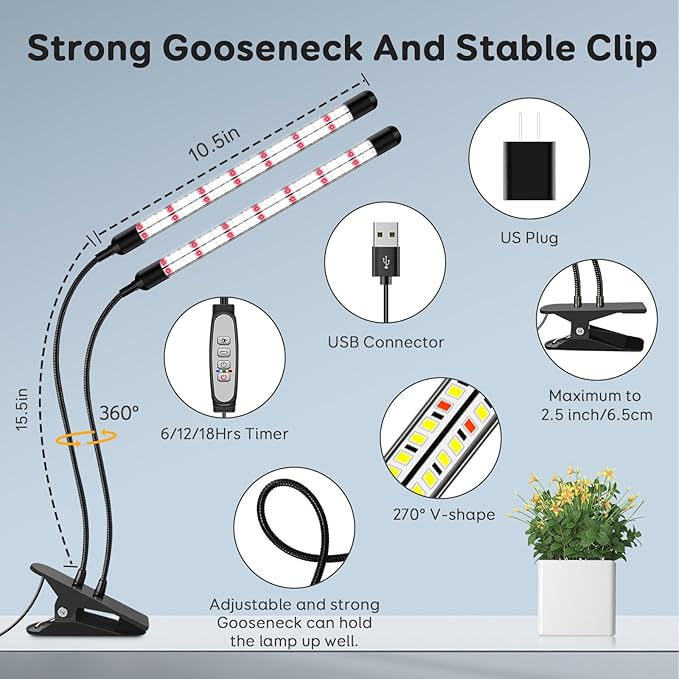 V-Shape Grow Lights for Indoor Plants Full Spectrum, 2 Heads LED Plant Lamps with Clips and 5 Dimmable Level and 6/12/18H Timer for Plant Growing(Pack 2)