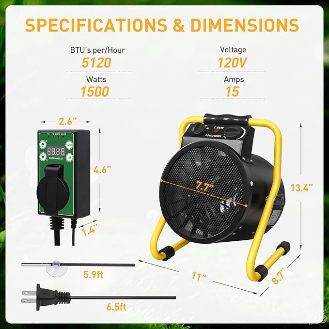 Portable Greenhouse Heater with Digital Thermostat, Overheat Protection, 1500W Radiant Electric Heater for Indoor & Outdoor Use, Garage, Grow Tent, RV, IPX4 Water Resistant, 2 Pieces, Black