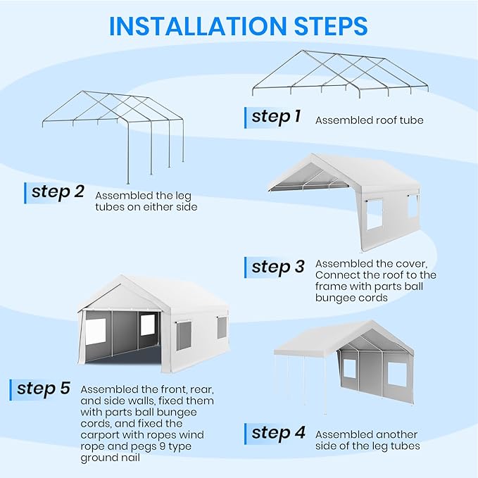 Carport 12x20 FT Heavy Duty, Outdoor Portable Garage with Removable Sidewalls & Doors, Waterproof, UV-Resistant Canopy Shelter for Vehicles, Boats, RVs, Trucks, All-Season Car Port,White