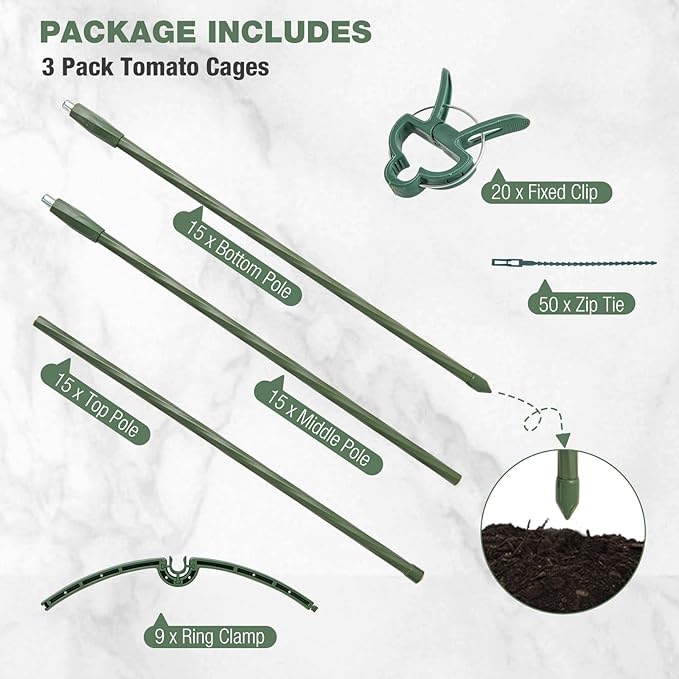 Happygrill 3 Pack Plant Cages and Supports, 60 inch Tall Adjustable Tomato Cage w/Clips & Ties, Heavy-Duty Garden Trellis for Climbing Plants, Vines, Flowers, Vegetables, Potted Plants Indoor Outdoor