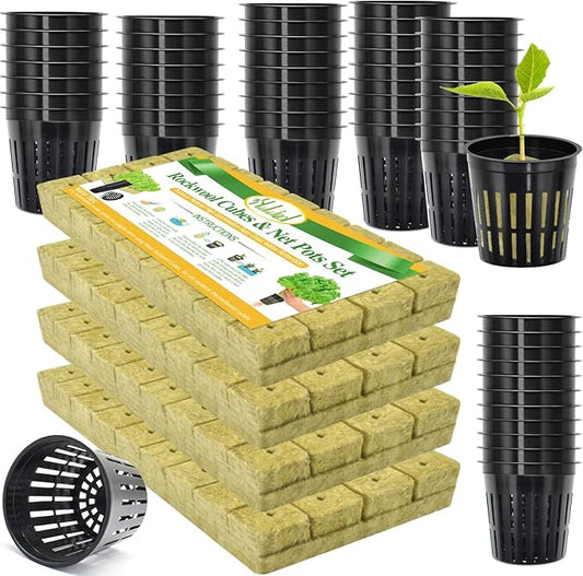 Halatool 144PCS 1.2-Inch Rockwool Cubes with 120PCS 2-Inch Net Cups for Hydroponics Great Hydroponic Kit for Cuttings Clone Plant Propagation Seed Starting & Soilless Cultivation