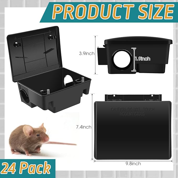 Qualirey 24 Packs Rat Bait Station Box Outdoor Rodent Rat Traps with Key Mouse Bait Station Indoor Mice Box for Outdoor Use Keeping Pets and Children Safe (Black)