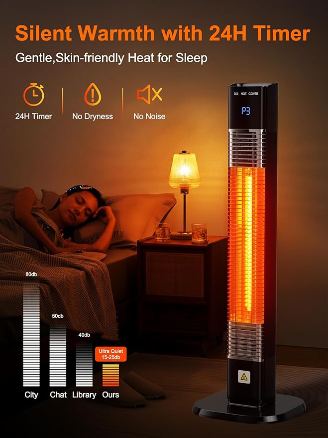 34'' Outdoor Patio Heater with Remote, 24H Timer & 1S Fast Heat, Carbon Fiber Heating Tube, 3 Heat Levels, Tip-Over and Overheat Protection, Electric Space Heaters for Backyard, Garage,Indoor Use