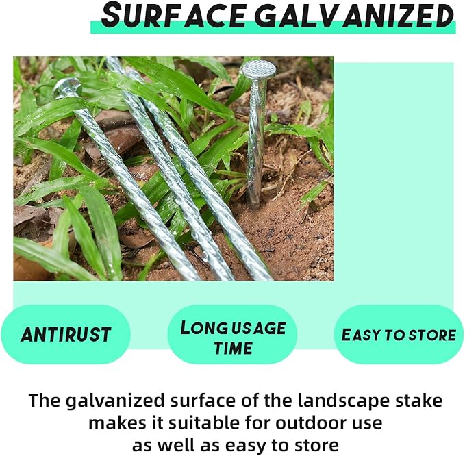 12" Galvanized Heavy-Duty Landscape Stakes Solid Spiral Metal Turf Spikes, Garden Stakes for Fixing Paver Edging, Weed Barriers, Artificial Lawn, Tent, Garden Plants ﻿