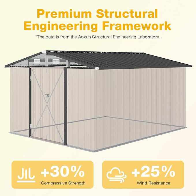 10x12 FT Outdoor Storage Shed with Floor & Lockable Double Doors, Heavy-Duty Galvanized Steel Outdoor Metal Shed for Bike, Tool, Generator Storage in Backyard, Patio (10’x12’, Floor)