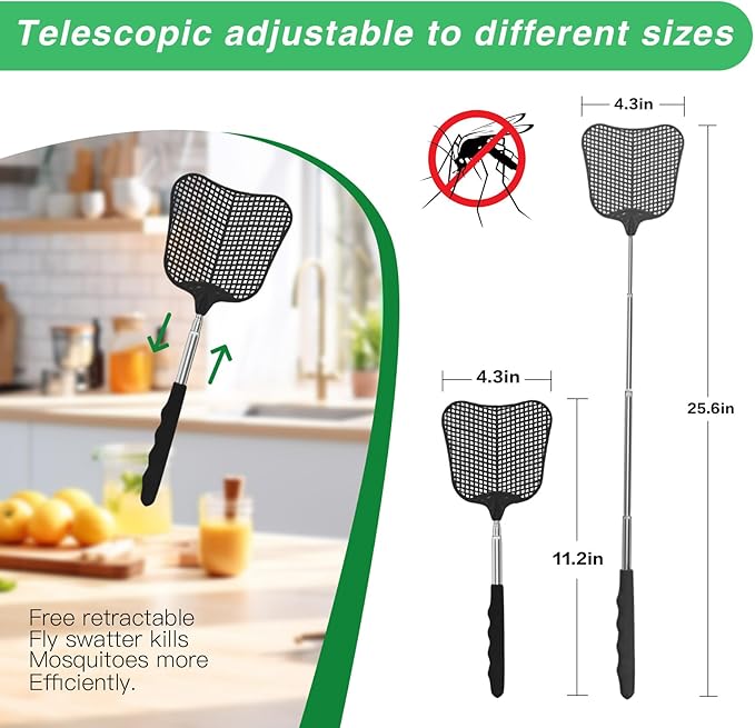 MYSTICHOME Fly Swatter 1 Pack, Durable Heavy Duty Plastic Fly Swatters, Stainless Steel Telescopic FlySwatter for Indoors/Outdoor/Kitchen/Garden(Black)