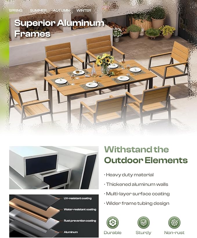 Outdoor Dining Set for 4, Patio Table and Chairs Set with Umbrella Hole, 5 Pieces HDPS Outdoor Furniture Sets for Garden, Backyard (Gray & Teak)