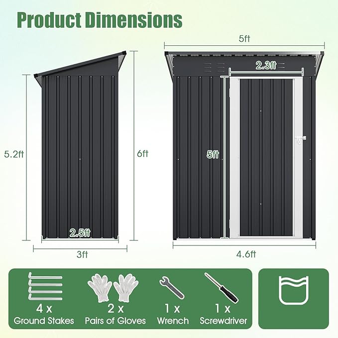 Goplus 5 x 3 FT Outdoor Storage Shed, Galvanized Metal Tool House w/Sloped Roof, 2 Vents, Lockable Door, Waterproof & Windproof Utility Tool Organizer for Garden, Backyard, Lawn, Patio, Gray